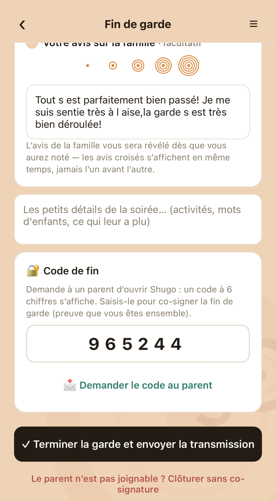 Le code de fin, à six chiffres